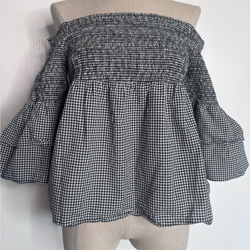 Bar III Black White Gingham Off Shoulder Smocked Blouse Large